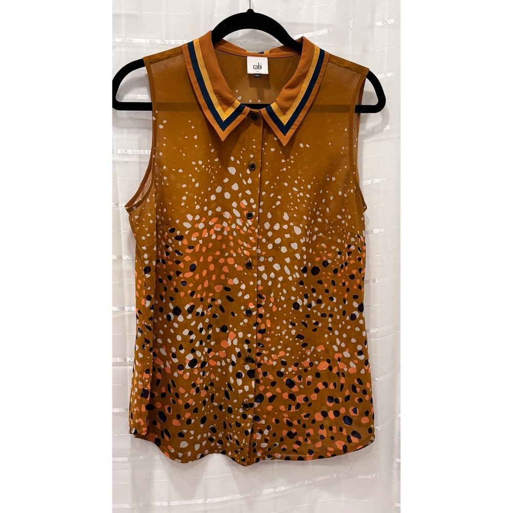 Cabi Womens Mustard Ochre Abstract Print Sleeveless Button Down Blouse Size M